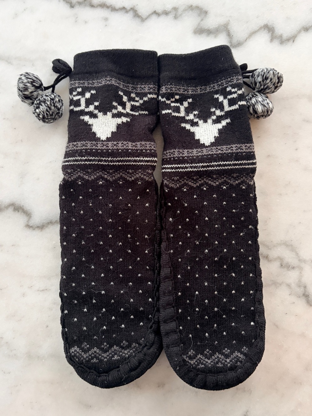 Cozy Black & White Reindeer Knit Slipper Socks